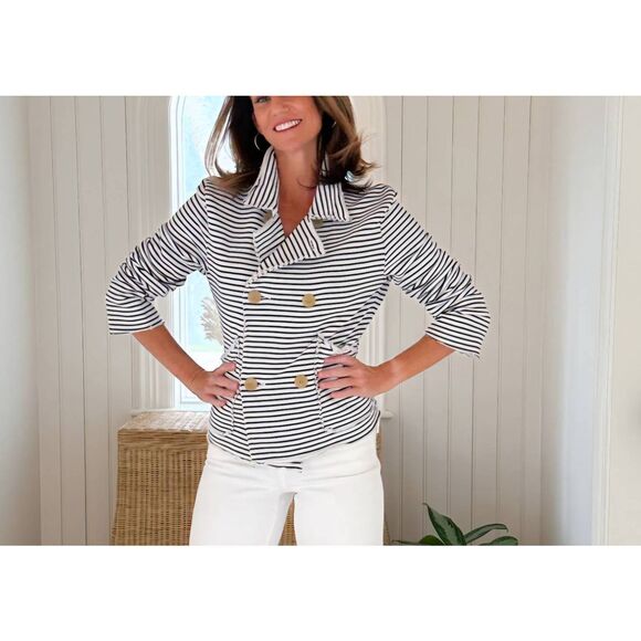 FRANK & EILEEN Mini Belfast Crop Peacoat Navy French Stripe sz Large - Picture 1 of 5